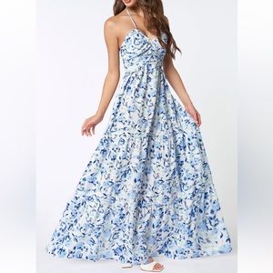 Azazie Homewood Blue Floral Print Halter Neck Maxi Dress size XL